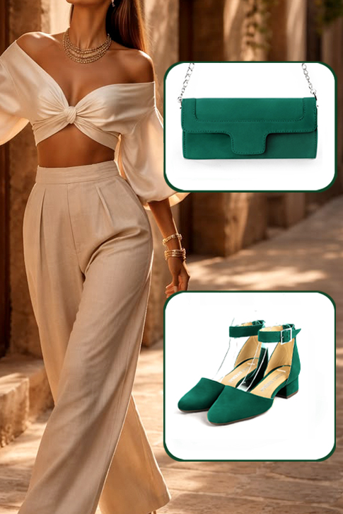Dress heels closed-back ankle strap in emerald green leather with low block heels and round toe - Worn view
